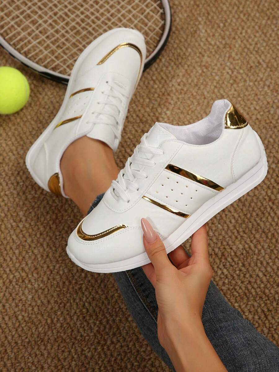 白色平底休闲运动鞋 系带帆布鞋 学院风低帮百搭休闲鞋 优雅休闲时尚一脚蹬跑步鞋 - 白色 - 查看 1