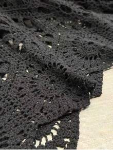 女士时尚黑色镂空钩编不对称下摆无袖宽松休闲针织毛衣上衣 - 黑色 - 查看 4