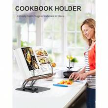 Book Stand For Reading Adjustable Book Holder With 360° Swivel Base Foldable Cookbook Stand Recipe Book Holder With Elastic Page Clips For Music Scores Recipe Magazines Laptop - Gray - View 3