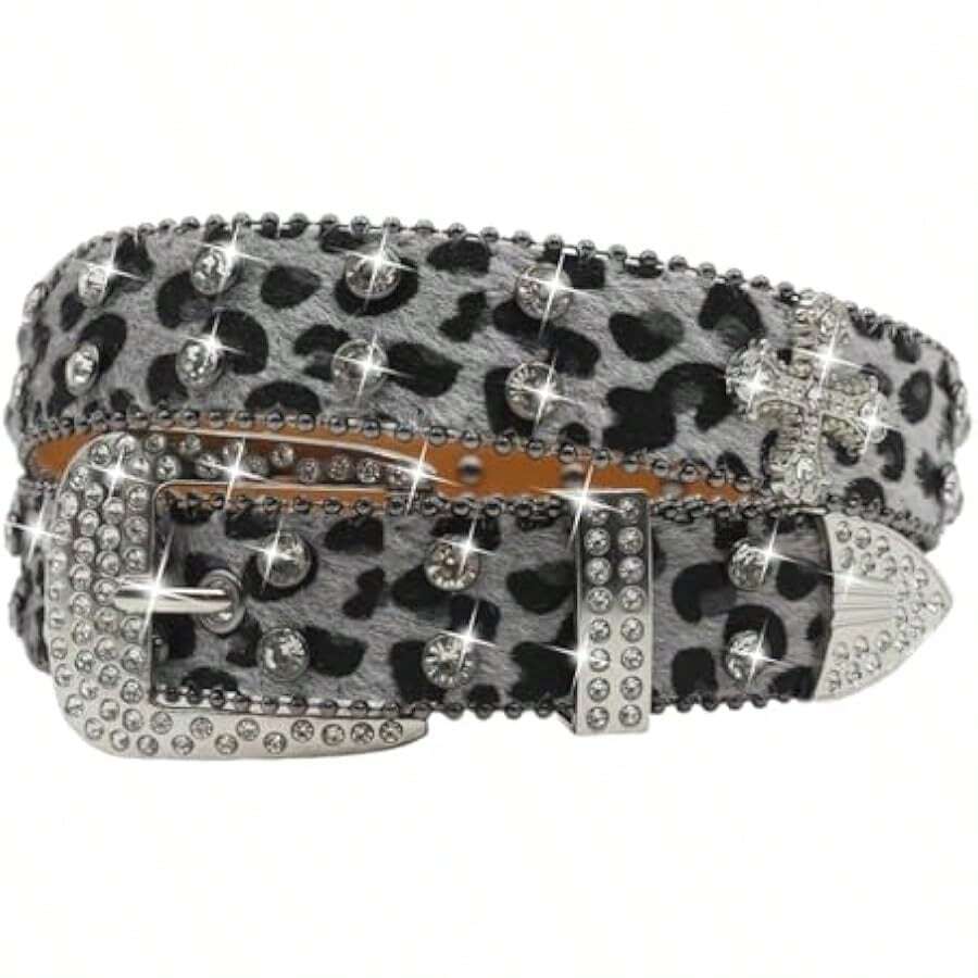 EVERBLTING Rhinestone Cross Belt Men Women Cross Leopard Belt Punk Studded Cross Belts Western Cowgirl BB Belts Y2k - 豹灰色 - 查看 1