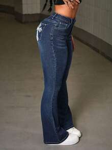 Teen Girl Creative Cross-Stitch Embroidery Back Pocket Skinny Jeans - Dark Wash - View 8