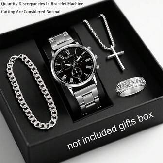 1 Set Men's Casual Quartz Watch Set, Fashionable Zinc Alloy Case, Large Dial With Roman Numerals, Suitable For Daily Wear, Birthday Gift, Party, Holiday Gathering, Ideal Gift For Yourself Or Friends. No Packaging Box Included.