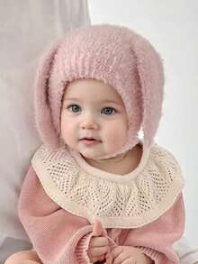 1pc Baby Solid Color Cute Cat Ear Warm Knit Beanie Hat With Earflaps, Unisex - 1PC - View 2