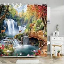 1Pc Stunning Autumn Bridge Lake Shower Curtain, Orange Tree Bridge Lake Scenery Design, Impermeable Polyester Fabric,   Washable With 12 Hooks, Seasonal Bathroom Decor, Perfect For Bathroom, Autumn Enthusiast's Bathroom Gift, Shower Curtain Sets For Bathrooms - 酒紅色 - 查看 3