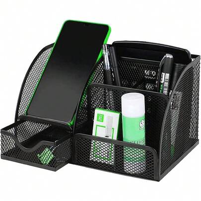 Desk Organizer, Pen Holder Desk Accessories, Metal Mesh Desk Organizers And Storage, Pencil Holder Desk Organizers Office Supplies Caddy Desk Storage With Draw For Home, Office, School (Black)