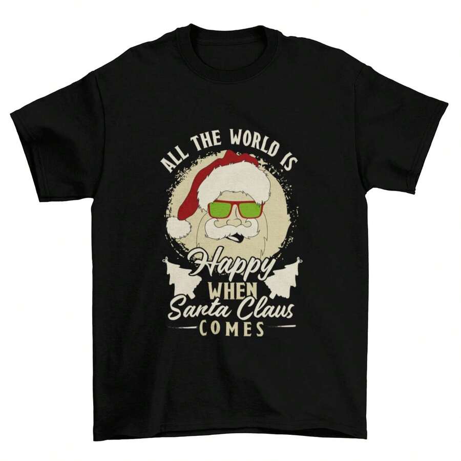 Playera navideña Todos felices con Santa, regalo de navidad, camiseta personalizada para fiestas, camisetas familiares personalizadas Dama Caballero unisex - Negro - Ver 1
