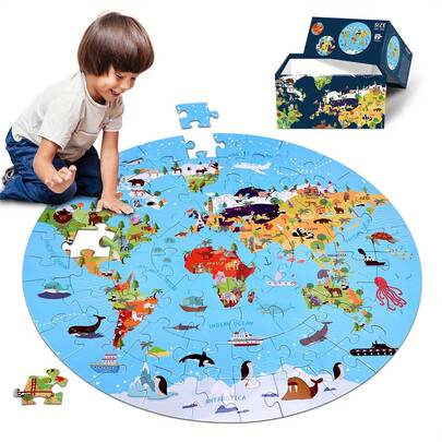 70pcs World Animal Map/Dinosaur/Space/Puppy/USA Map Puzzle - Educational Round Design, Vivid Continents And Animal Patterns - Blue Cardboard - Promotes Early Learning And Cognitive Development. Suitable For Family Interaction And Classroom Activities. Inspires Curiosity And Exploration, Cultivates Hands-On Ability And Teamwork Spirit. Suitable For Preschool Education, Puzzle Cognition Development, Puzzle Classroom Activities, Puzzle Gifts, Large Puzzle