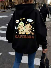 Girls' Hooded Sweatshirt With Capybara Print On Back, Suitable For Back To School Season And Casual Autumn/Winter Jacket, Machine Washable, Comfortable For Everyday Wear, Fashionable Design For School, Vacation, Shopping, And Sports - Black - View 1