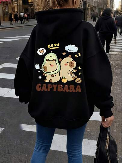 Girls' Hooded Sweatshirt With Capybara Print On Back, Suitable For Back To School Season And Casual Autumn/Winter Jacket, Machine Washable, Comfortable For Everyday Wear, Fashionable Design For School, Vacation, Shopping, And Sports