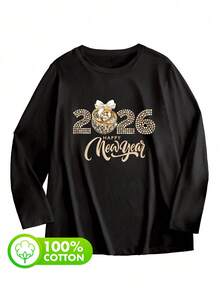Women's Black 100% Cotton Autumn 2026 Happy New Year Crew Neck Simple Casual Everyday Top, Celebrating The New Year With Printed Pattern, Sparkling Ball And Bow Print Long-Sleeved T-Shirt, Full Of New Year's Atmosphere Printed Long-Sleeved T-Shirt Top - Black - View 3