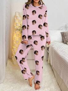 Customized Women's Fleece Pajama Set, Can Print Any Pattern, Personalized Pajamas With Photos, Funny Customized Images, Comfortable Sleepwear. Suitable For Holiday Gifts, Birthdays, Presents, Personalized, Colorful, Cute, Witty, Unique, Exclusive Gift, Ideal Boyfriend/Girlfriend Gift, Suitable For Boyfriend, Girlfriend, Family, Friends, Elders, Fashionable For Autumn, Holiday Parties, Thick Flannel Loungewear