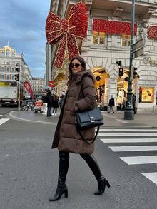 2025冬季新款女士中长款宽松连帽加厚棉衣，时尚派克大衣长袖棉服 - 卡其色 - 查看 6