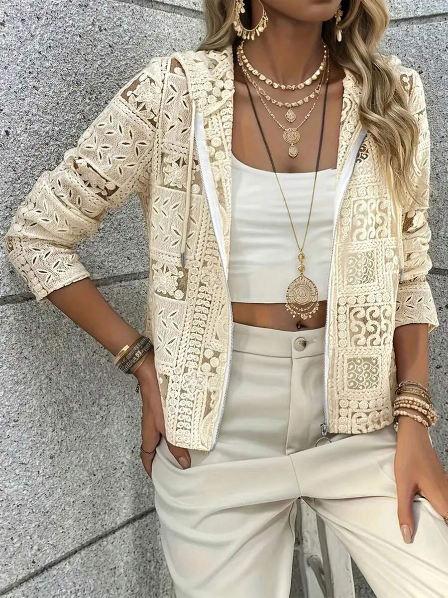 جاكيت كاجوال بغطاء رأس مجوفة مصنوعة بالكروشيه بأكمام ثلاثة أرباع وياقة دائرية مزينة بشراريب - لون مشمشي - مشاهدة 1