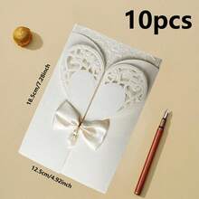 1/5/10pcs Exquisite Sparkling Powder Invitation Letter Heart Shaped Bow Invitation Letter Wedding Blessing Hollow European Invitation Letter Gold Plated Personalized Sparkling Powder Greeting Card Wedding Special Suitable For Wedding Anniversaries, Bridal Showers, Engagement Parties, And Anniversary Dinner Invitations. - Multicolor - View 9