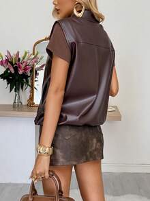 Gilet marron style Old Money décontracté pour femme, printemps/été, Saint-Valentin, style vacances élégant, veste gilet vintage en PU, mode femme pour soirée - Brun - Voir 2
