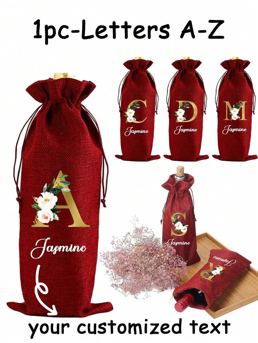 Personalized Linen Wine Bottle Storage Drawstring Bag, Floral Alphabet A-Z Printed On Linen Fabric, Thick Burlap Material, Linen Gift Bag With Drawstring Closure, Reusable And Durable, Suitable For Wine Bottle Storage, Home Organization, Gift Packaging For Parties, Weddings, Holidays And Christmas, Also Ideal As New Year Gift - Multicolor - View 1