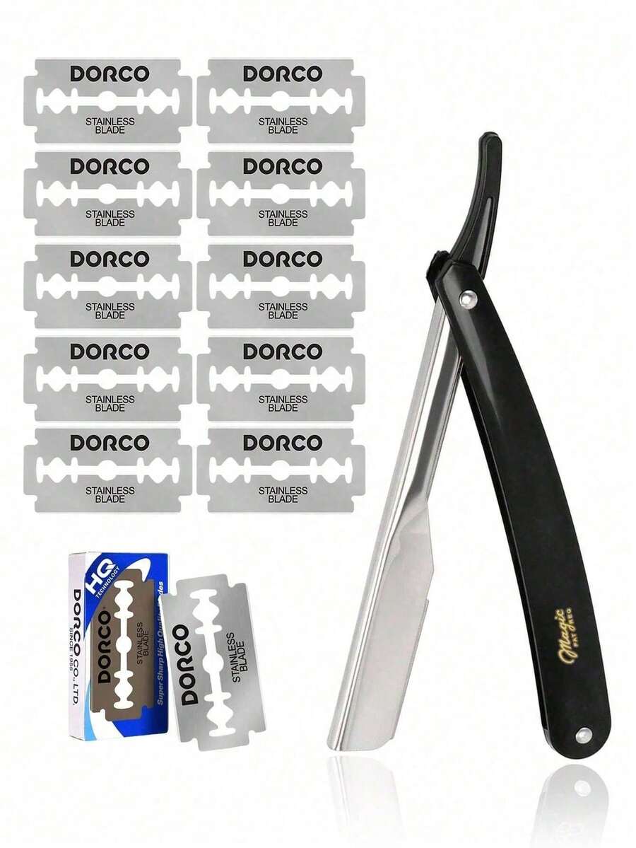 10 lưỡi dao + 1 máy cạo râu gấp gọn trung tính - Máy cạo râu lưỡi thẳng chất lượng tiệm cắt tóc, lưỡi dao hai mặt bằng thép không gỉ siêu mỏng, thích hợp cho việc chăm sóc da mặt của nam giới, cạo râu thủ công, tỉa râu và làm tóc - Thép không gỉ bền, thiết kế công thái học, di động và tiết kiệm không gian