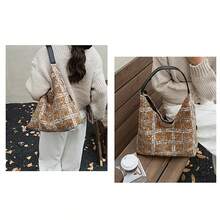 Bolso de mano a cuadros para mujer, moderno y de gran capacidad, de terciopelo, ideal para viajes diarios. - Caqui - Ver 3