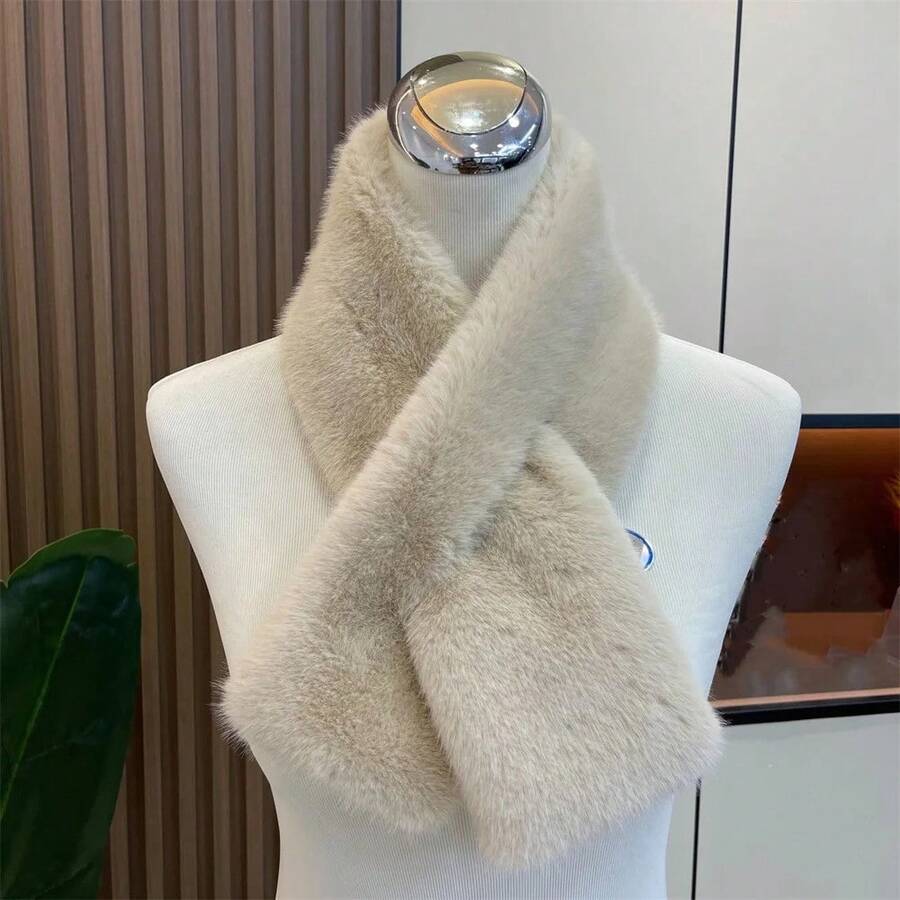 Bufanda de invierno para mujeres, cálida y gruesa, con cuello cruzado, color sólido, de piel sintética de conejo, a prueba de frío, bufandas de moda, suave y peluda, calentador de cuello - Beis - Ver 1