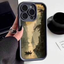 Cubierta de teléfono con borde negro diseño paisaje montañoso con barco en agua reflejante estilo oriental para uso diario y viajes - Negro - Ver 1