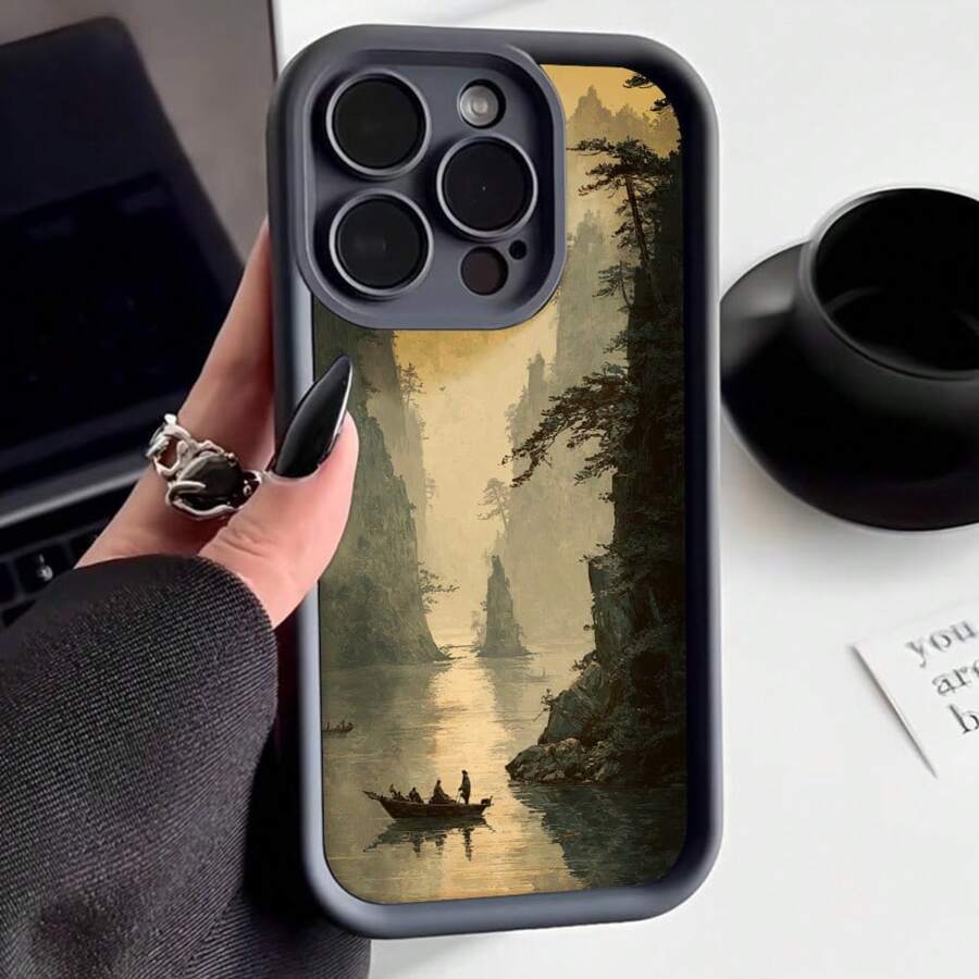 Cubierta de teléfono con borde negro diseño paisaje montañoso con barco en agua reflejante estilo oriental para uso diario y viajes - Negro - Ver 1