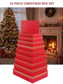 Set di dieci scatole regalo di Natale, scatola regalo di Natale rettangolare piatta con coperchio in lamina d'oro, scatola portagioie, scatola regalo per le feste
