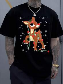 Rentier Mit Roter Nase Und Lichterkette Feiert Den Winterlichen Zauber Lässiges Herren Tshirt Aus Weicher Baumwolle Für Festliche Anlässe Und Gemütliche Stunden - Schwarz - Übersicht 8
