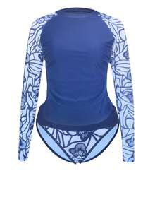 Vintage Print Round Neck Two-Piece Swimsuit Solid Color Long Sleeve Surf Casual Swimsuit - 彩色 - 查看 4