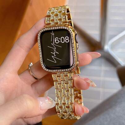 Compatible With Apple Watch Bands 38mm, 40mm, 41mm, 42mm, 44mm, 45mm, 46mm, 49mm, Shiny Luxury Elegant Sparkling Jewelry Diamond Metal Gold Color Band And Gold Color Case With Integrated Screen Protector Compatible With Apple Watch Ultra 3/2/1/SE/S11/S10/S9/S8/S7/S6/S5/S4/S3/S2/S1 Series, Summer Watch Case, Easter Gift, Gifts For Women, Attending Balls, Parties, Travel, Daily Women's Accessories