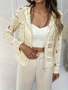 جاكيت كاجوال بغطاء رأس مجوفة مصنوعة بالكروشيه بأكمام ثلاثة أرباع وياقة دائرية مزينة بشراريب - لون مشمشي - مشاهدة 5