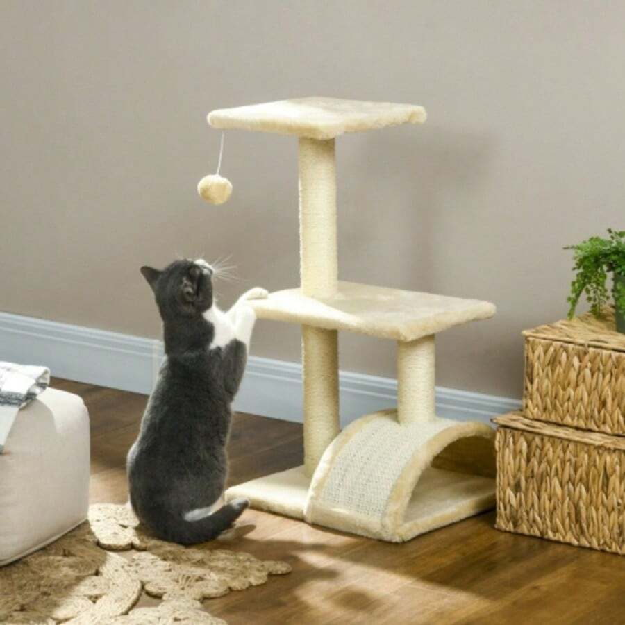 Árbol para gatos Pawhut de 72 cm con pelota de peluche, poste de sisal, plataforma, rascador, poste rascador multicapa, árbol para trepar, adecuado para gatos de tamaño mediano. - Beis - Ver 1