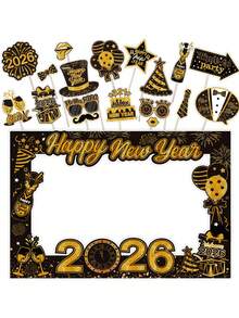 1个2026新年纸质相框 + 30个手持拍照道具，新年主题黑金彩色趣味帽子、眼镜、胡子、领带、西装等拍照道具，派对装饰套装，新年礼物