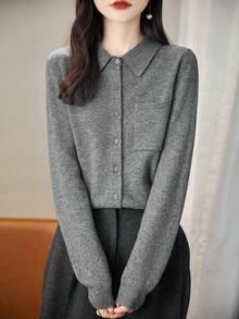 Cárdigan de mujer premium 100% lana, unicolor casual con solapa y manga larga, suéter ligero y suave 100% lana, primavera/otoño - Gris - Ver 5