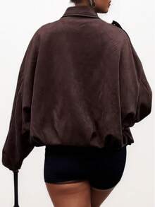 Women's Dark Brown Faux Suede Jacket Lapel Loose Fit Long Sleeve Casual Streetwear Outfit 2025 - Màu nâu - Xem 4