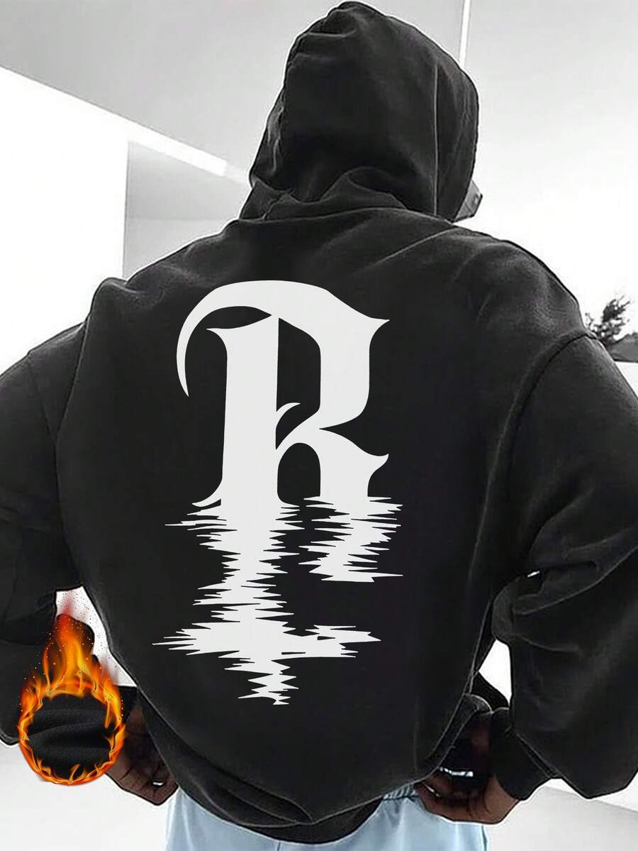 Krometka 男士抓绒连帽衫,秋冬新款,英文字母“R”印花 - 黑色 - 查看 1