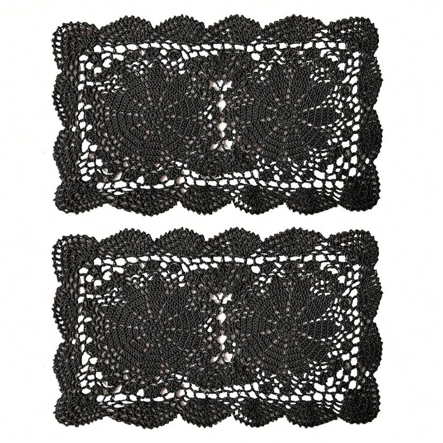 Lace Doilies Handmade Crochet Placemats Cotton Doilies Cloth Lace, Pack Of 2, Rectangular Shape Table Runner, 10 X 17 Inch (Black),Black - Đen - Xem 1