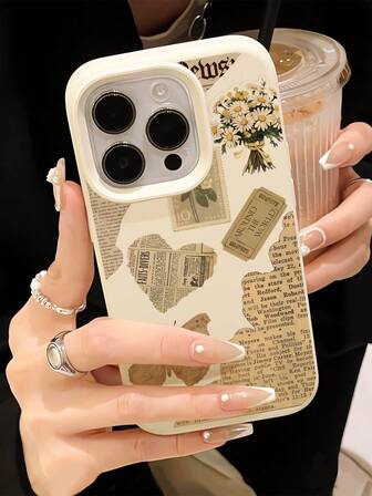 1pc Fashionable Vintage Newspaper Flower Collage Artistic Pattern Shockproof Milky White Liquid Soft TPU Phone Case Compatible With Iphone 16 Pro Max/16/16 Pro/16 Plus/15/15 Pro Max/15 Pro/11/12/13/14 Pro Max/11 Pro/11 Pro Max/12 Pro/12 Pro Max/13 Pro/13 Pro Max/14 Pro/14 Pro Max