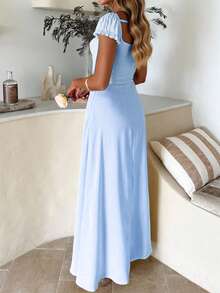 Onicee 夏季连衣裙，蓝色浪漫连衣裙，优雅吊带短袖连衣裙，适合情人节、约会、聚会、派对、旅行、度假、海滩等场合。 - 藍色 - 查看 4