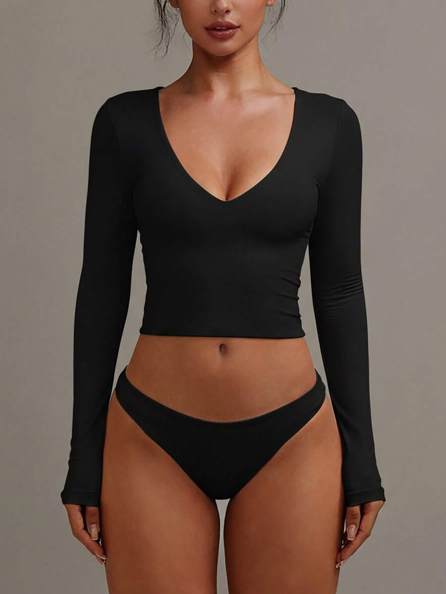 XLLAIS Deep V-Neck Long Sleeve Black Top, Double-Layer Yoga Fabric, Basic Warm T-Shirt, Women Autumn/Winter - Black - View 1