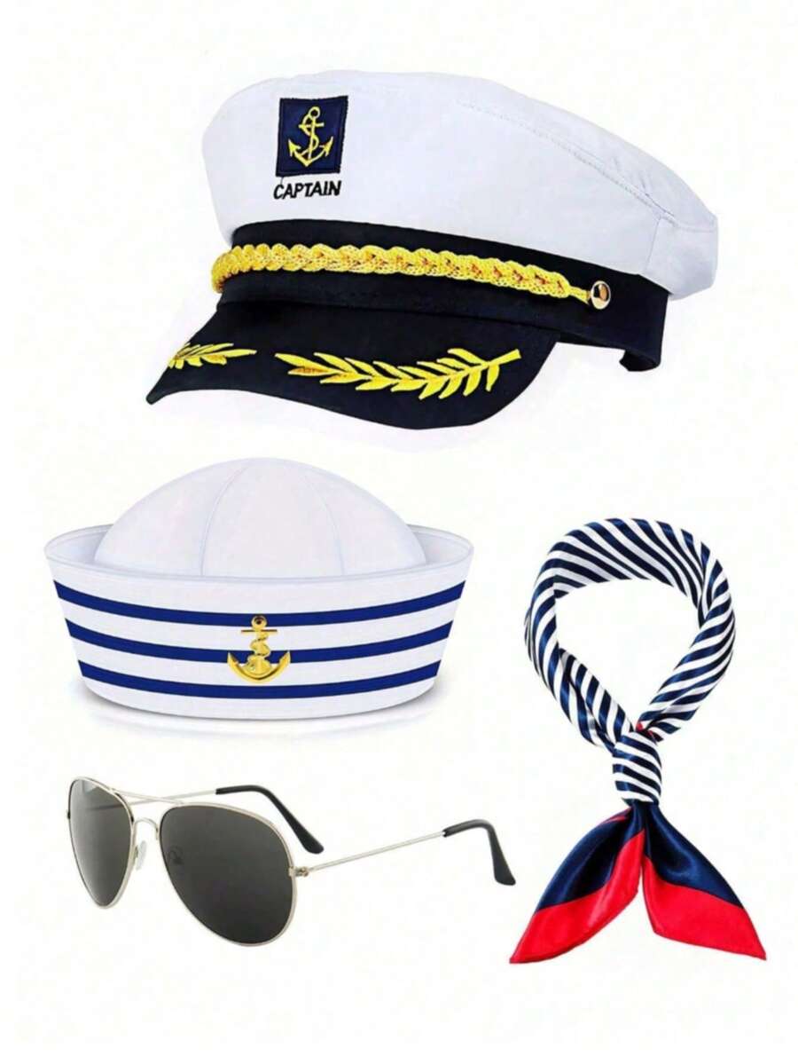多件套：船长帽、水手帽、围巾套装（女士）；白色手套；飞行员太阳镜；海军水手服，适合游艇、摇滚派对、角色扮演等冬季活动，情人节礼物 - 彩色 - 查看 1