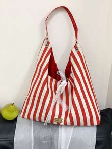 1 pieza Bolso de hombro de gran capacidad con rayas rojas, bolso de lona de moda cruzado, bolso de mano de tela casual versátil para Navidad, Año Nuevo, Día de San Valentín, compras diarias, viajes, bolsa de aseo de viaje, bolsa de maquillaje, decoración de la habitación de maquillaje, bolsa de maquillaje, artículo esencial de viaje - Multicolor - Ver 14