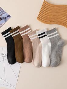 6 Pairs Women's Striped Business & Casual Socks With Elastic Band, Soft, Comfortable, Fashionable & Elegant Mid-Calf Socks For Daily Wear