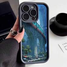 Cubierta de teléfono con borde protector color gris oscuro diseño de puente futurista con tren y paisaje urbano ciudades imaginarias para uso diario y viajes - Burdeos - Ver 1