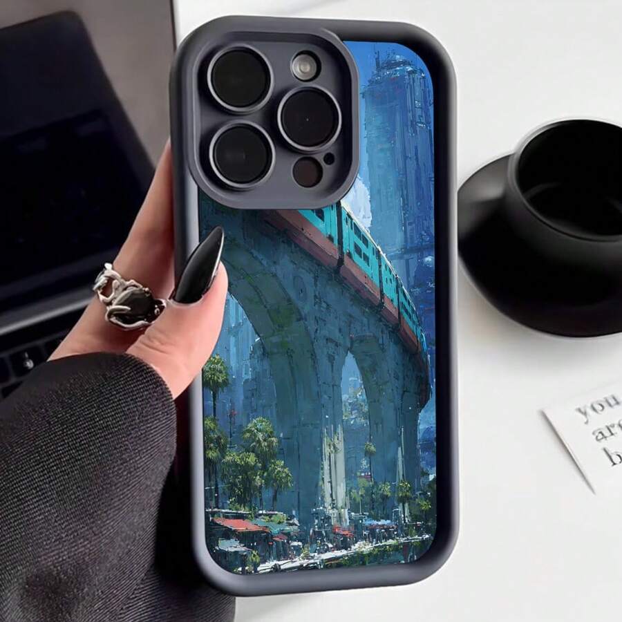 Cubierta de teléfono con borde protector color gris oscuro diseño de puente futurista con tren y paisaje urbano ciudades imaginarias para uso diario y viajes - Burdeos - Ver 1