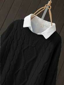 Women's Plus Size Round Neck Pullover Knit Long Sleeve Top, Autumn/Winter - Black - View 3