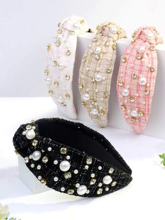 1件装女士针织条纹格子优雅休闲仿珍珠水钻发箍，秋冬季，发带，头饰，发箍发饰