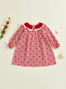 Toddler Baby Girl Valentines Day Outfit Love Heart Embroidery Dress Doll Collar Long Sleeve Smocked Dress For Kids - 紅色 - 查看 7