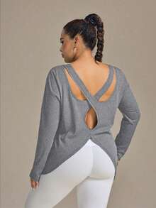 Christmas 2025 Autumn/Winter Plus Size Women Sports Casual Set, Criss-Cross Back Long Sleeve T-Shirt