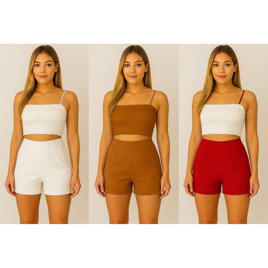 SHORT KIT OF 3 PIECES, TAILORED SOCIAL WORK, NEW FASHION 2025 - RED CARAMEL WHITE - View 1