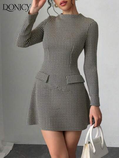 DONICY Vestido de Body ceñido de unicolor con estampado de pata de gallo y cremallera falsa, vestido elegante minimalista vintage de línea A en color albaricoque, adecuado para citas, compras, uso casual, Acción de Gracias, San Valentín, Carnaval